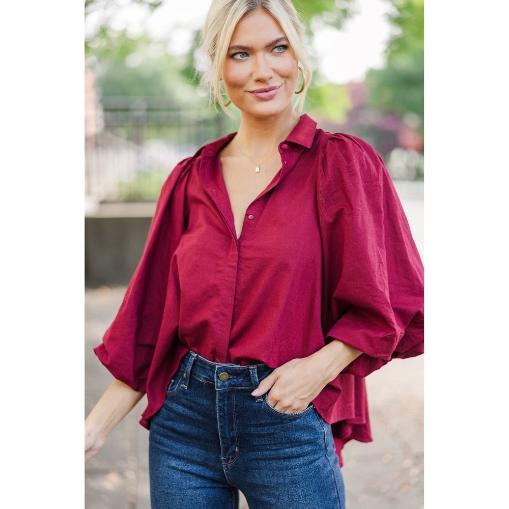 Shop The Mint Top L Let's Run Burgundy Red Bubble Sleeve Blouse